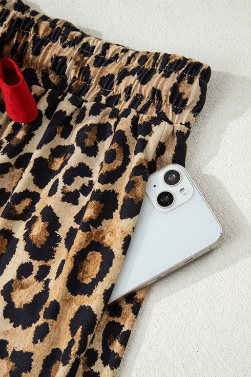 Plaid Leopard Print Patchwork Long Sleeve Shorts Sleepwear