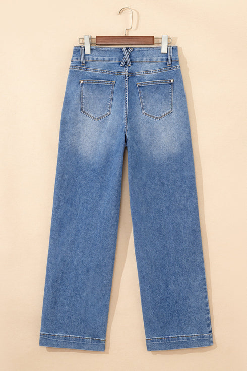 Double Button Zip Fly Wide Straight Leg Jeans