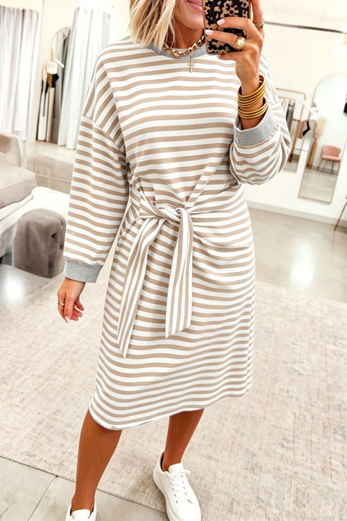 Striped Panel Cuff Round Neck Long Sleeve T Shirt Dress