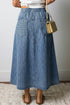 Stripe Button Pintuck High Waist Drawstring Denim Midi Skirt