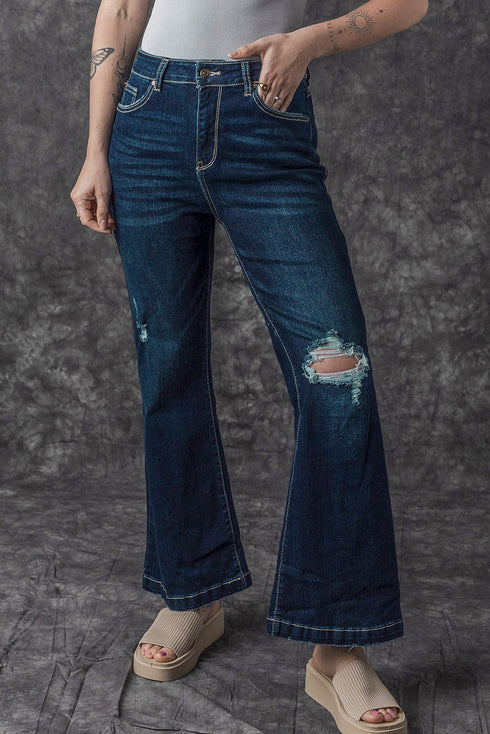 High Rise Ripped Straight Leg Western Denim Jeans