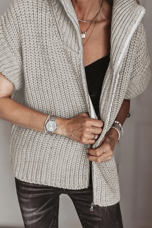 High Neck Zipper Knit Short Sleeve Sweater