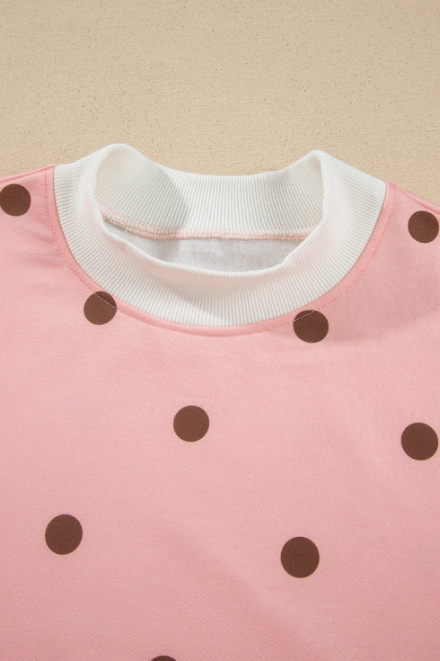 Polka Dot Ribbed Trim Long Sleeve Short Set