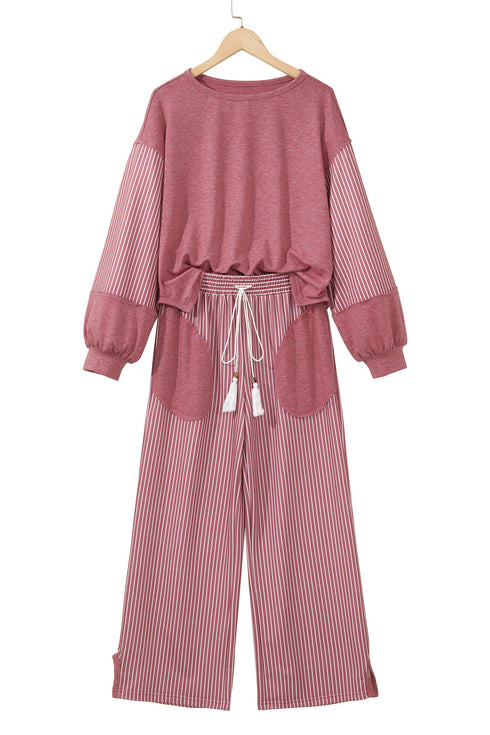 Raw Seam Patchwork Long Sleeve Top Pocket Two Piece Pant Set
