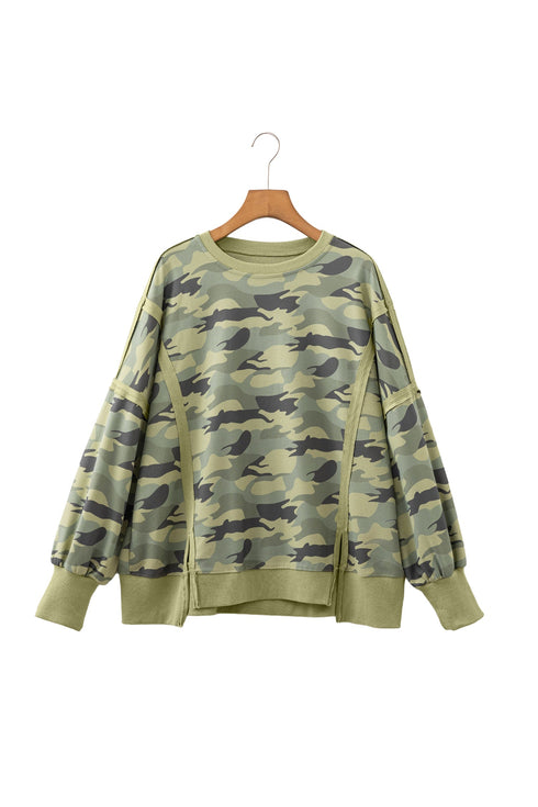 Textured Camouflage Waffle Knit Raw Edge Oversized Top