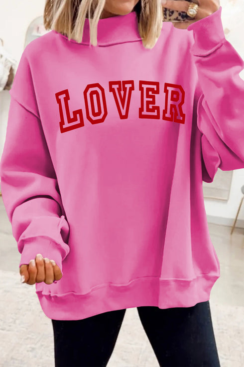 Lover Graphic Mock Neck Exposed Seam Pullover Sweatshirt