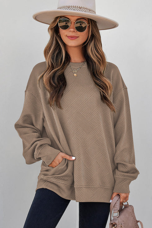 Textured Drop Shoulder Round Neck Pullover Sweatshirt
