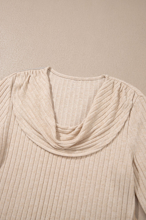Ribbed Knit Cowl Neck Long Sleeve Top