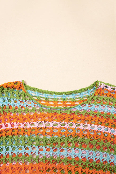 Long Sleeve Striped Open Knit Boho Crochet Top