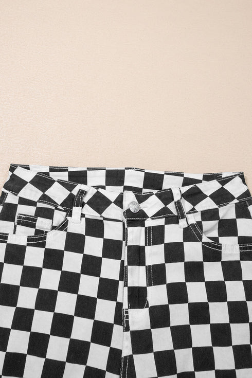 Checkerboard Print Distressed Raw Edge Cropped Denim Jeans