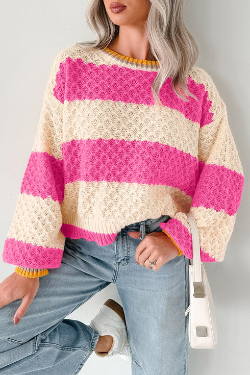 Cotton Striped Pattern Textured Drop Shoulder Sweater