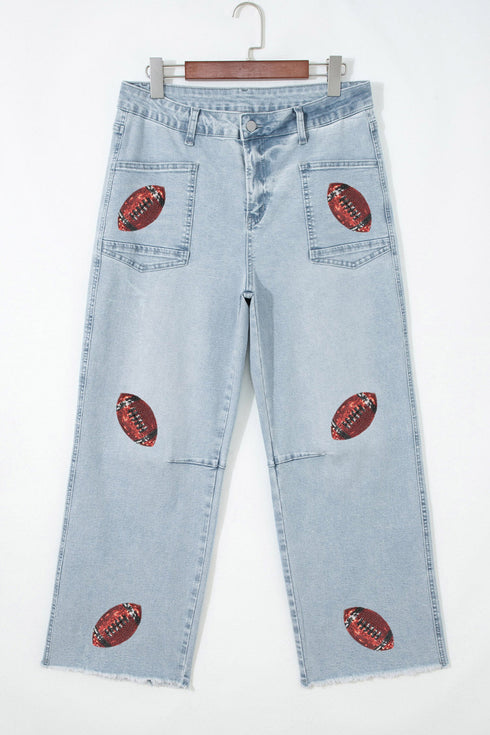 Denim Sequin Rugby Pattern Raw Hem Jeans