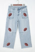 Denim Sequin Rugby Pattern Raw Hem Jeans