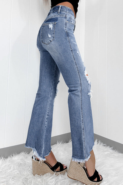 High Rise Ripped Distressed Hem Flare Jeans