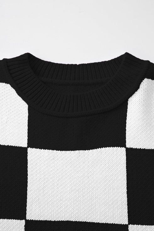 Acrylic Seamed Checkered Pattern Bishop Sleeve Sweater