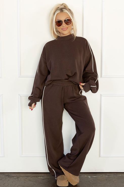 Piping Trim Mock Neck Relaxed Pullover Pant Set