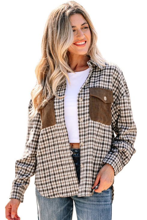 Corduroy Textured Patchwork Flap Pocket Plaid Shacket