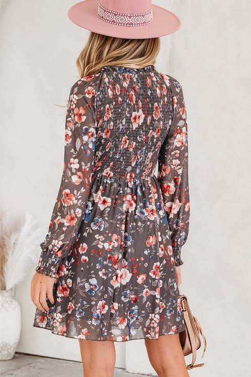 Frilly Smocked Bodice Mesh Long Sleeve Mini Floral Dress