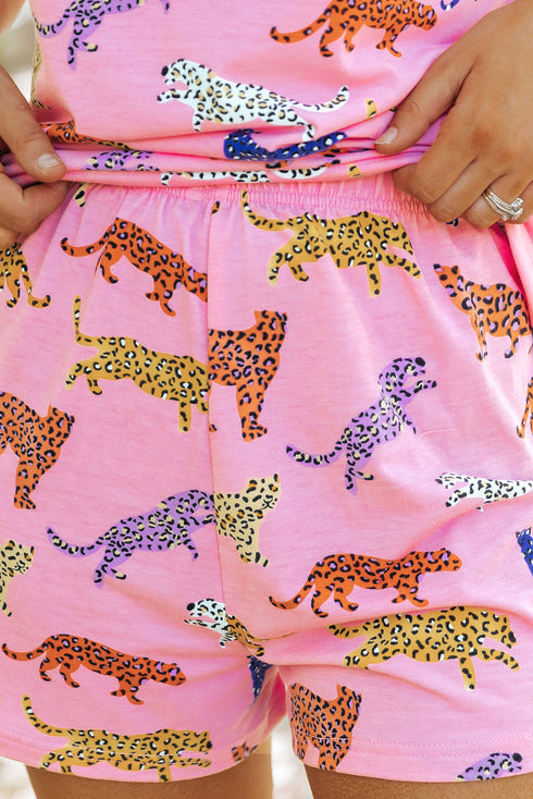 Floral Leopard Print High Waist Two Piece Short Sets