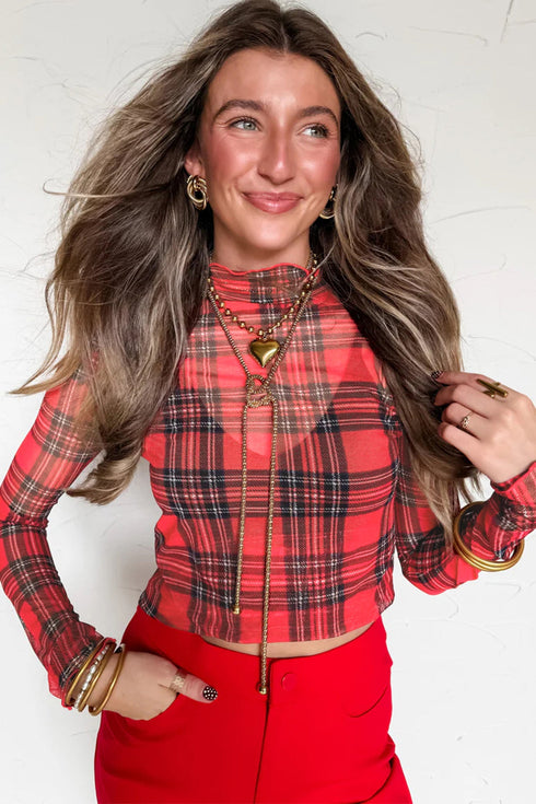Sheer Plaid Round Neck Long Sleeve Pullover Top