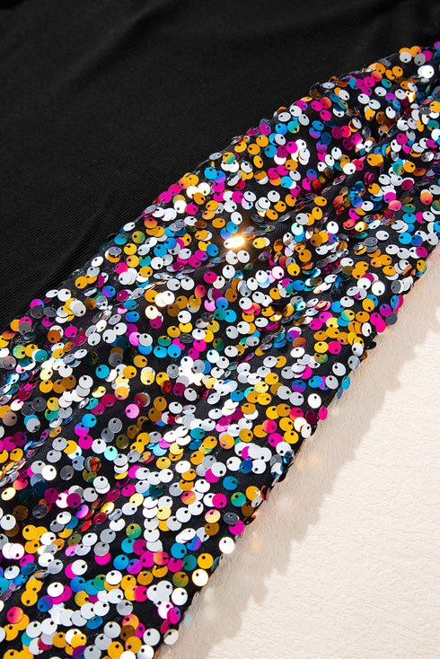 Sequin Bishop Sleeve U Neck Mini Sweater Dresses