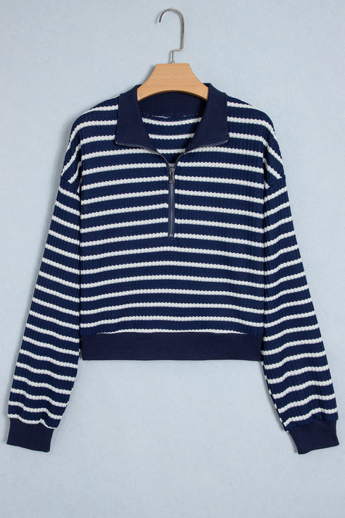 Striped Textured Knit Half Zip Collared Long Sleeve Top