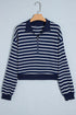Striped Textured Knit Half Zip Collared Long Sleeve Top
