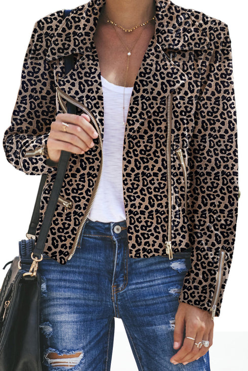 All Over Leopard Print Zipped Notch Collar Short Jacket