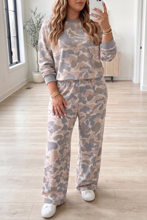 Camouflage Long Sleeve Round Neck Two Piece Loungewear Set
