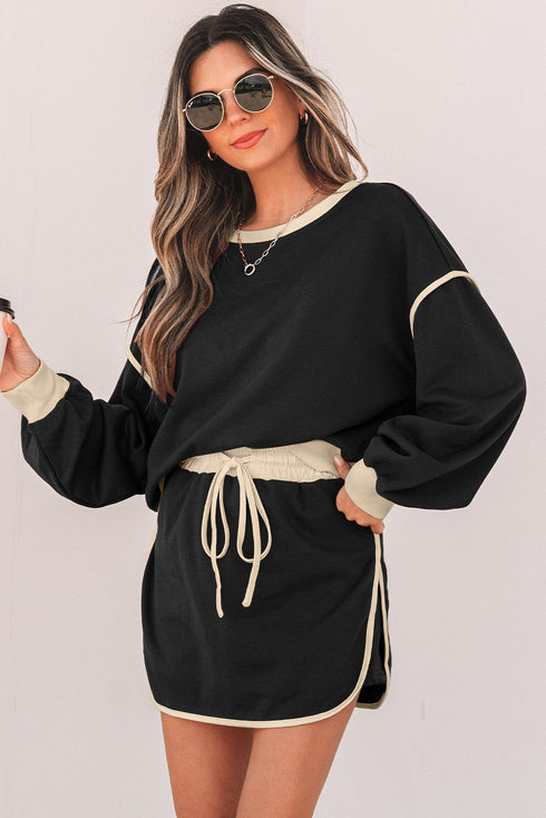 Paneled Loose Pullover And Lace Up Skort Two Piece Set