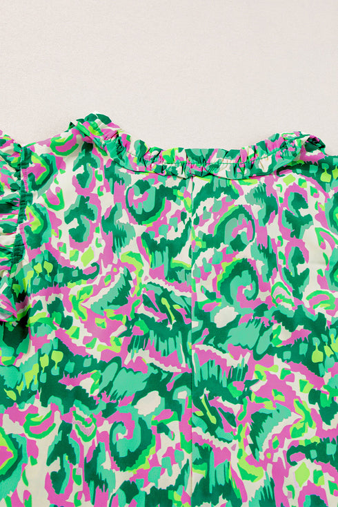 Abstract Print Ruffle Flutter Sleeve Tie Neck Blouse