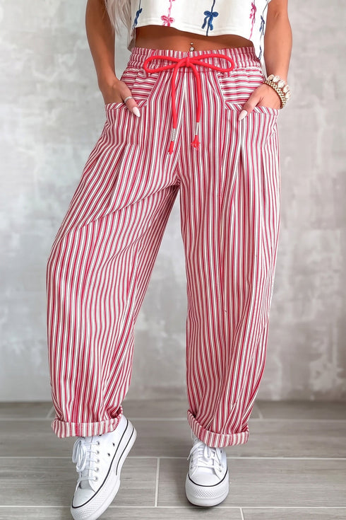 Striped Pattern Drawstring Detail Loose Fit Pants