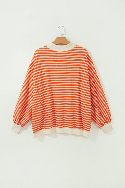 Striped Textured Mock Neck Oversized Long Sleeve Top