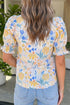 Floral Print Striped Trim V Neck Puff Sleeve Blouse