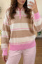 Striped Drop Shoulder Button Placket Long Sleeve Sweater