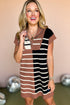 Striped Ribbed Knit Half Zip Mini Dress