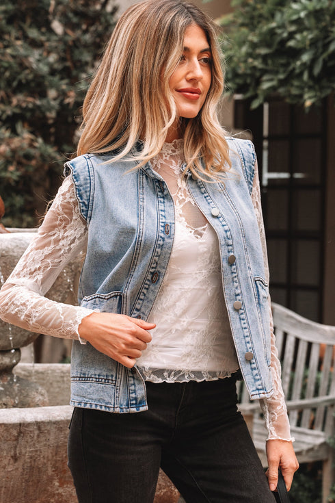 Scalloped Trim Patch Pocket Button Front Denim Vest