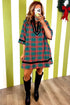 Plaid Velvet Trim Pockets Short Shift Mini Dress