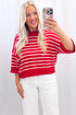 Striped Dropped Shoulder Half Sleeve Relaxed Knit Sweater
