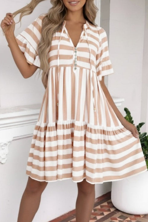 Striped Ruffle Trim Tie Front Short Sleeve Mini Dress