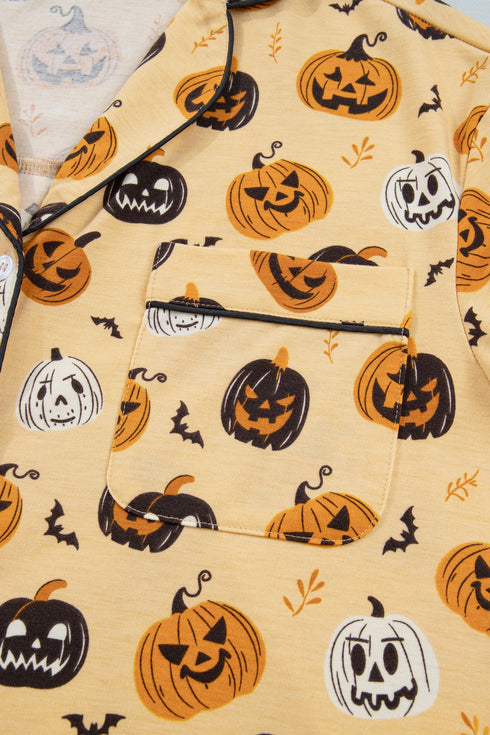 Pumpkin Face Print Ruffle Long Sleeve Two Piece Lounge Set