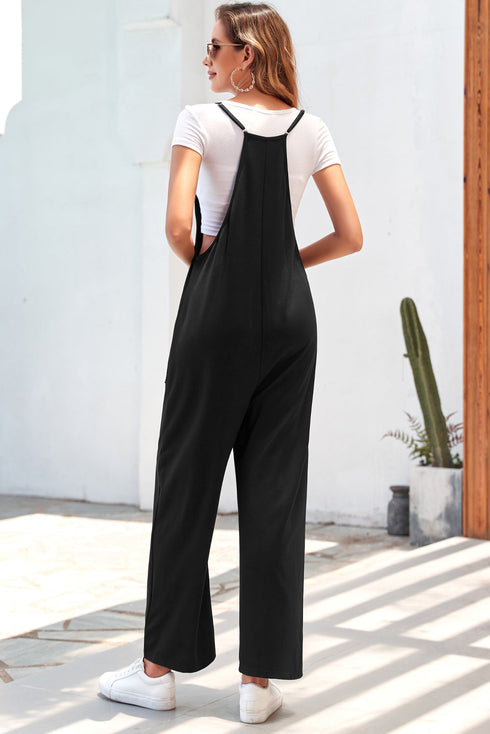 Solid Casual Adjustable Spaghetti Strap Straight Leg Jumpsuit