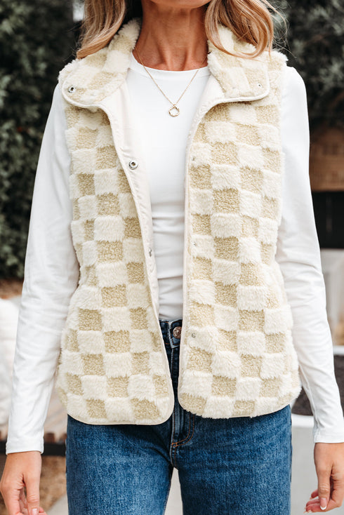 Checkered Sherpa Fleece Snap Button Pocket Vest