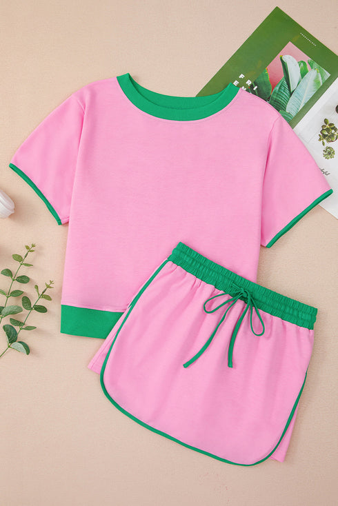 Contrast Trim Drop Shoulder Two Piece Skort Set