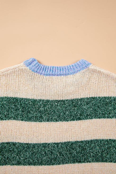 Polyester Striped Pattern Drop Shoulder Pullover Sweater