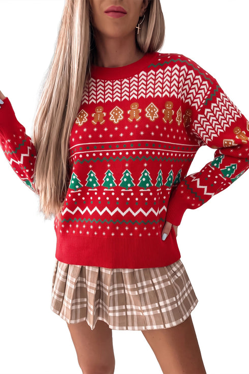 Gingerbread Tree Pattern Round Neck Pullover Sweater