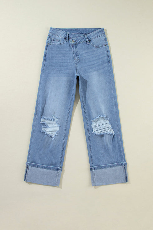 High Rise Asymmetric Button Zip Fly Distressed Jeans