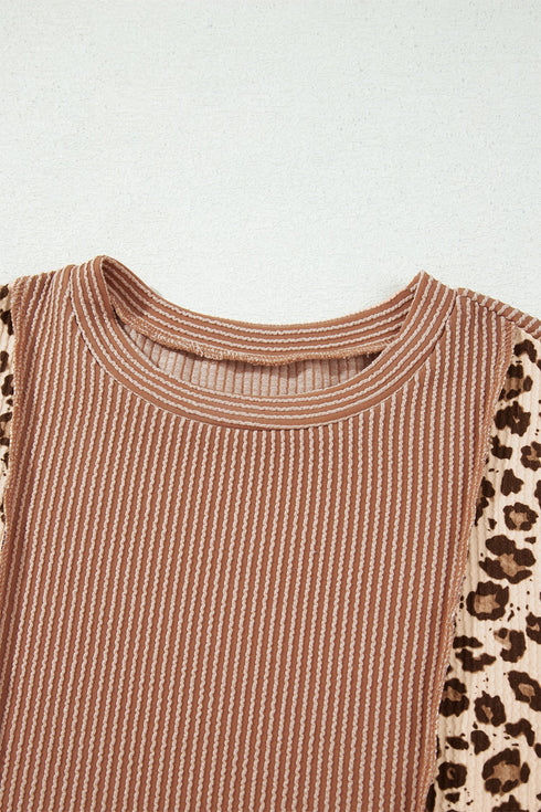 Leopard Print Ribbed Knit Corded Long Sleeve Top