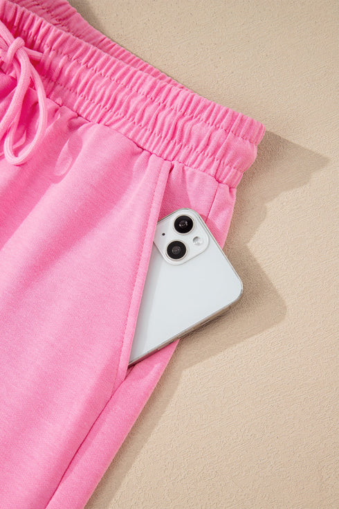 Casual Collared V Neck Tee Drawstring Short Sets