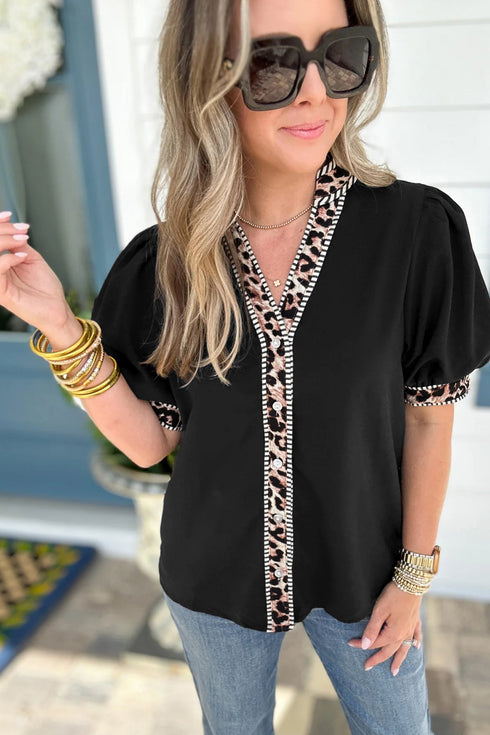 Mixed Pattern Trim Puff Sleeve Button Front Blouse
